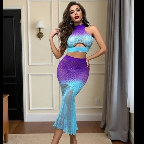 Blue & Purple Gradient 2pc Crop Top & Long Fishtail Skirt Fishnet Set - Picture 1 of 8